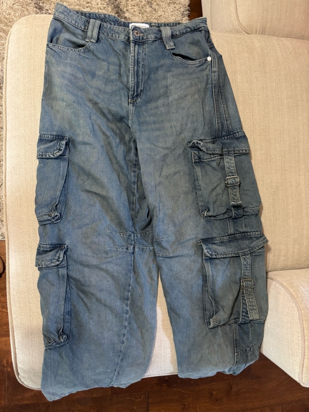 Zara Washed Blue Cargo Pants with Multiple Utility Pockets